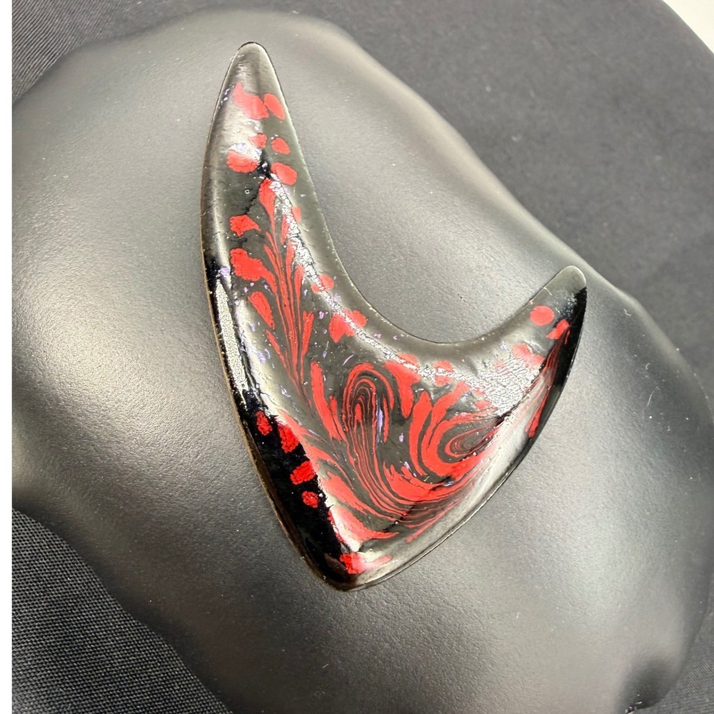 Inga Signed Enamel on Copper Boomerang Brooch Pin Red Black Marbled Abstract